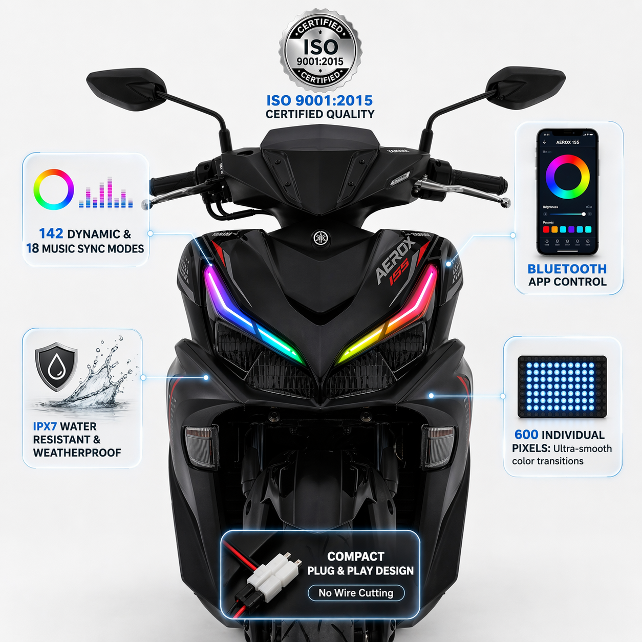 Customz Paradise® Yamaha Aerox 155 Smart RGB Mobile App Control DRL - 142+ Modes - Plug & Play