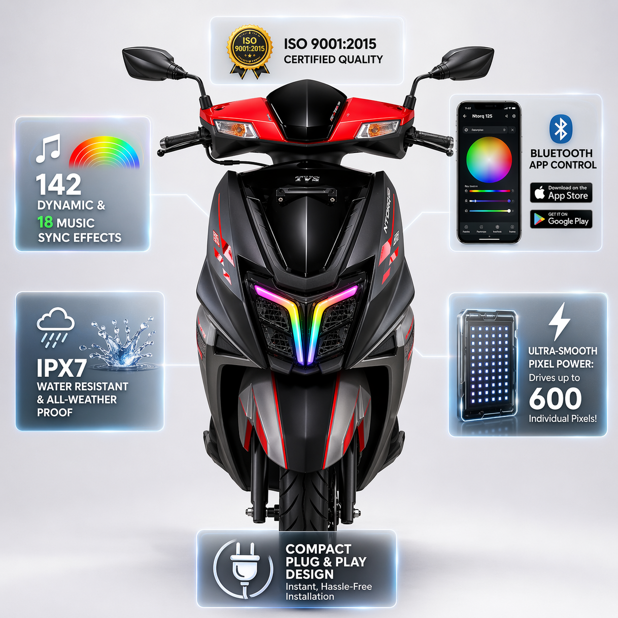 Customz Paradise® TVS Ntorq 125 Smart RGB Mobile App Control DRL - 142+ Modes - Plug & Play