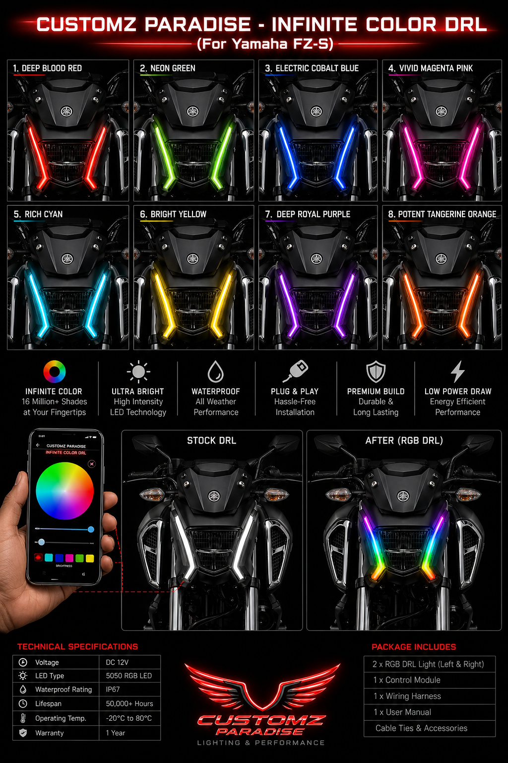 Customz Paradise® Yamaha FZ-S Smart RGB Mobile App Control DRL - 142+ Modes - Plug & Play