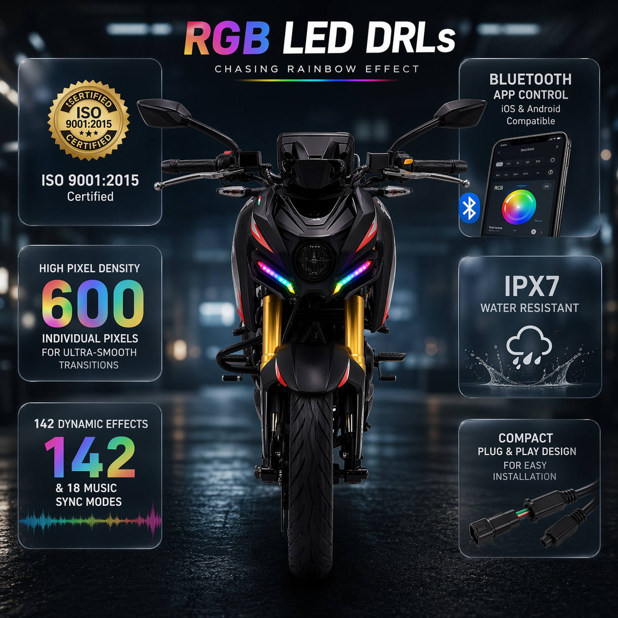 Customz Paradise® TVS Apache RTR 200 4V / 160 4V Smart RGB Mobile App Control DRL - 142+ Modes - Plug & Play