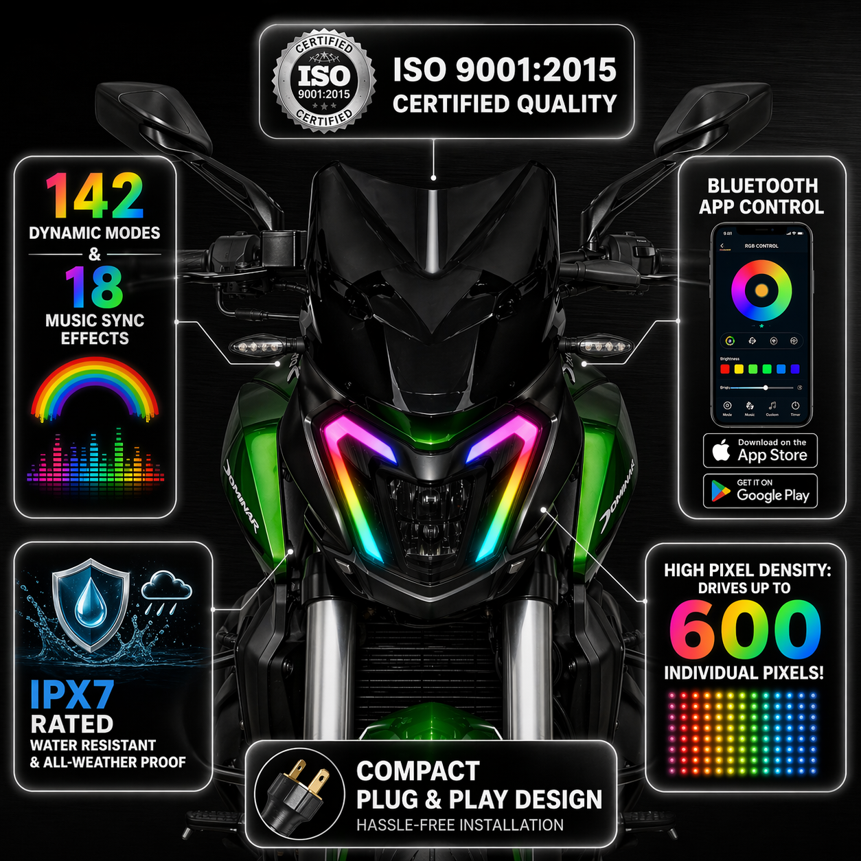 Customz Paradise® Bajaj Dominar 400/250 Smart RGB Mobile App Control DRL - 142+ Modes - Plug & Play
