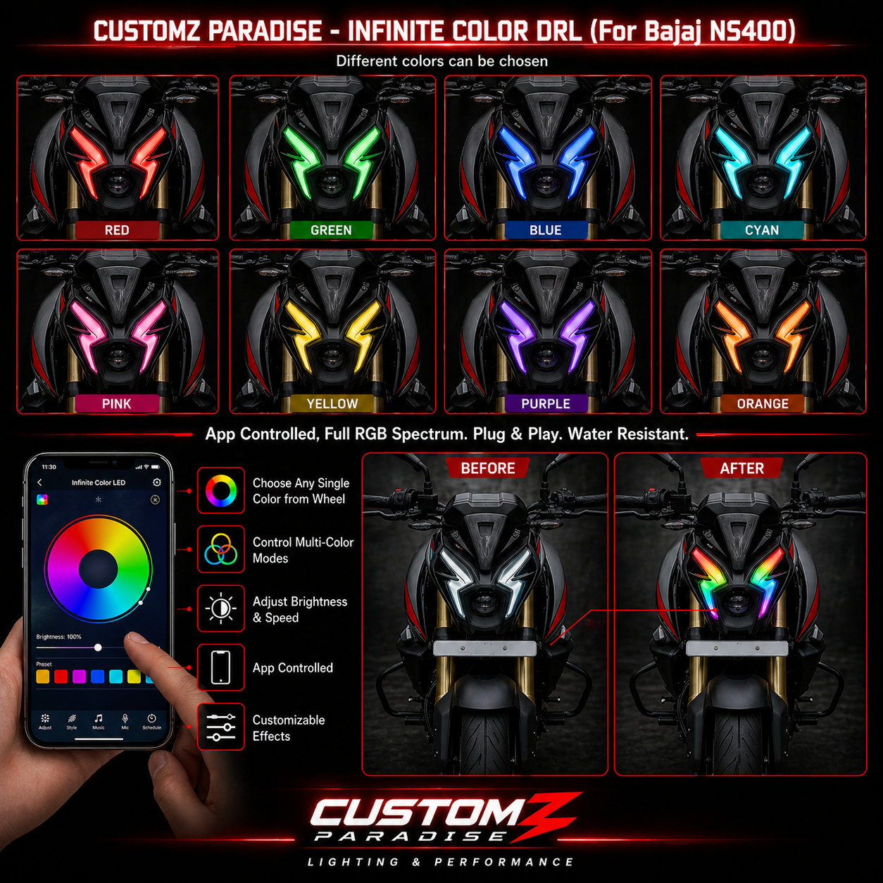 Customz Paradise® Bajaj Pulsar NS400Z Smart RGB Mobile App Control DRL - 142+ Modes - Plug & Play