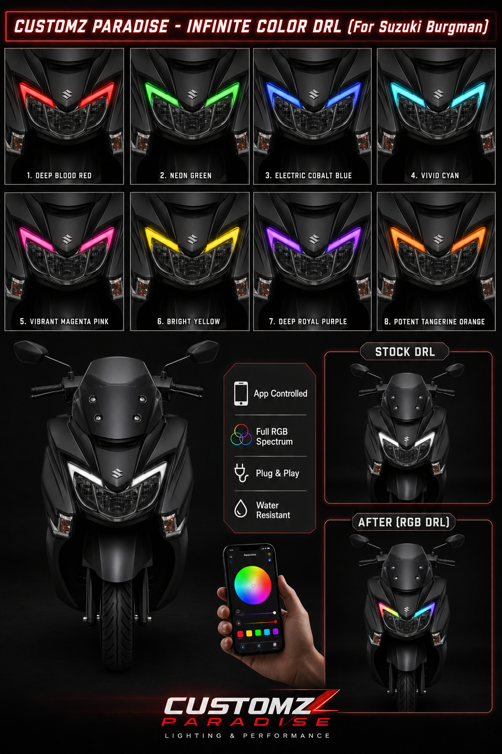 Customz Paradise® Suzuki Burgman Street 125 Smart RGB App Control DRL - 142+ Modes - Plug & Play