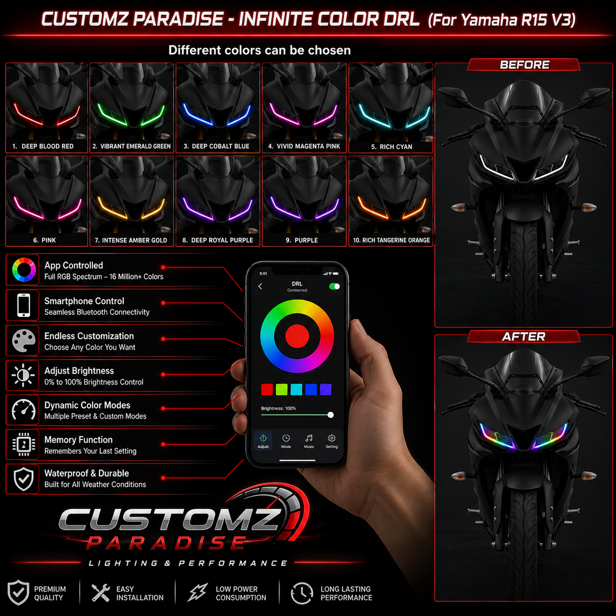 Customz Paradise® Yamaha R15 V3 / V3S Smart RGB Mobile App Control DRL - 142+ Modes - Plug & Play