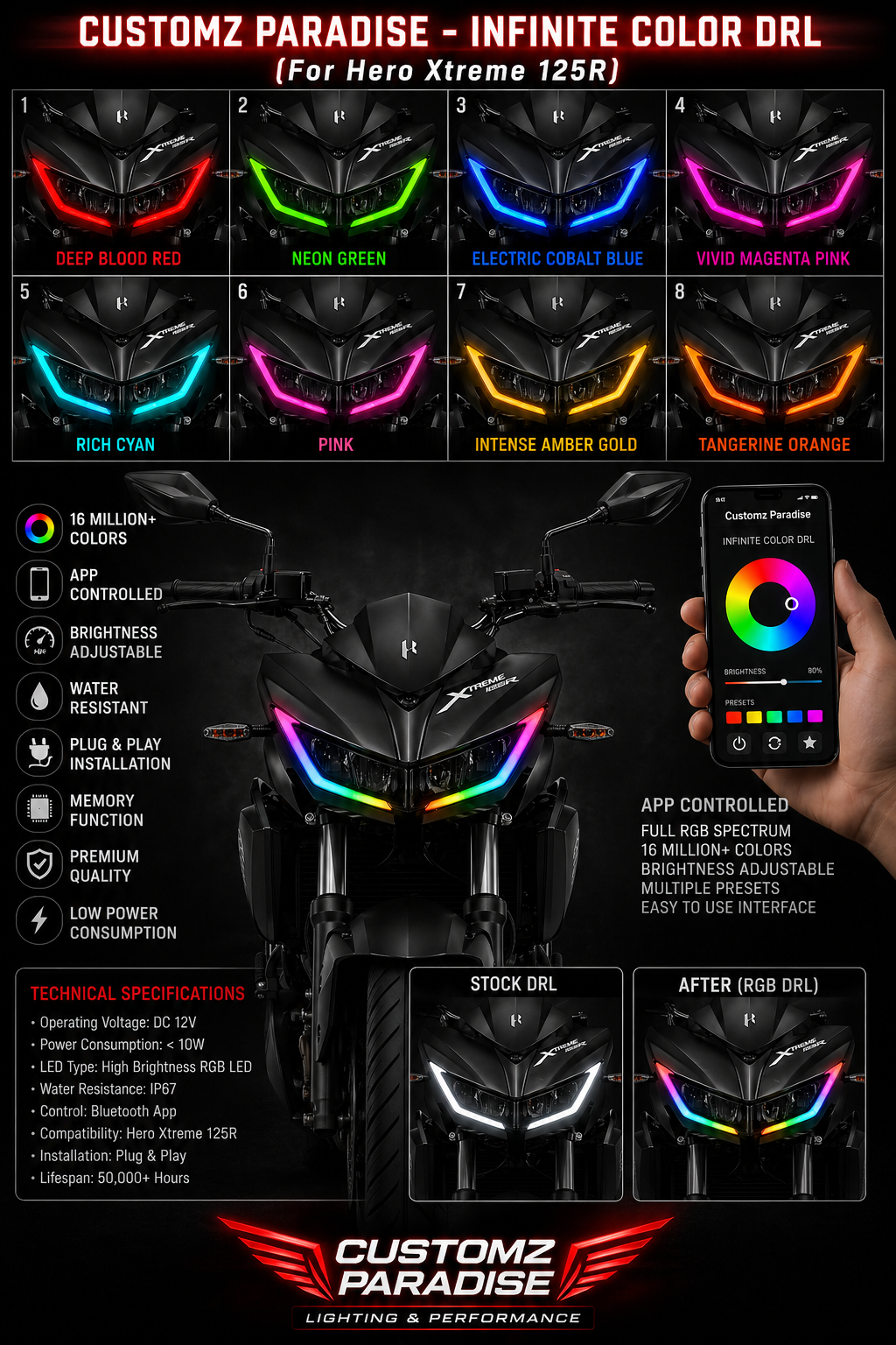 Customz Paradise® Hero Xtreme 125R Smart RGB Mobile App Control DRL - 142+ Modes - Plug & Play - [Classic Edition]