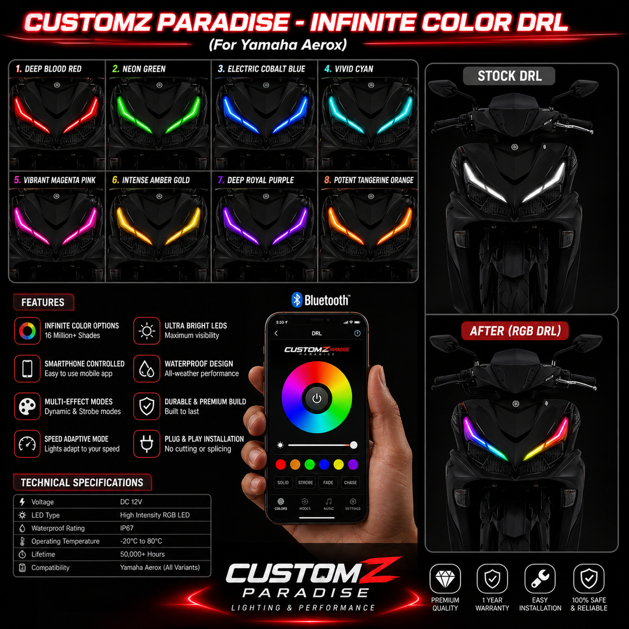 Customz Paradise® Yamaha Aerox 155 Smart RGB Mobile App Control DRL - 142+ Modes - Plug & Play