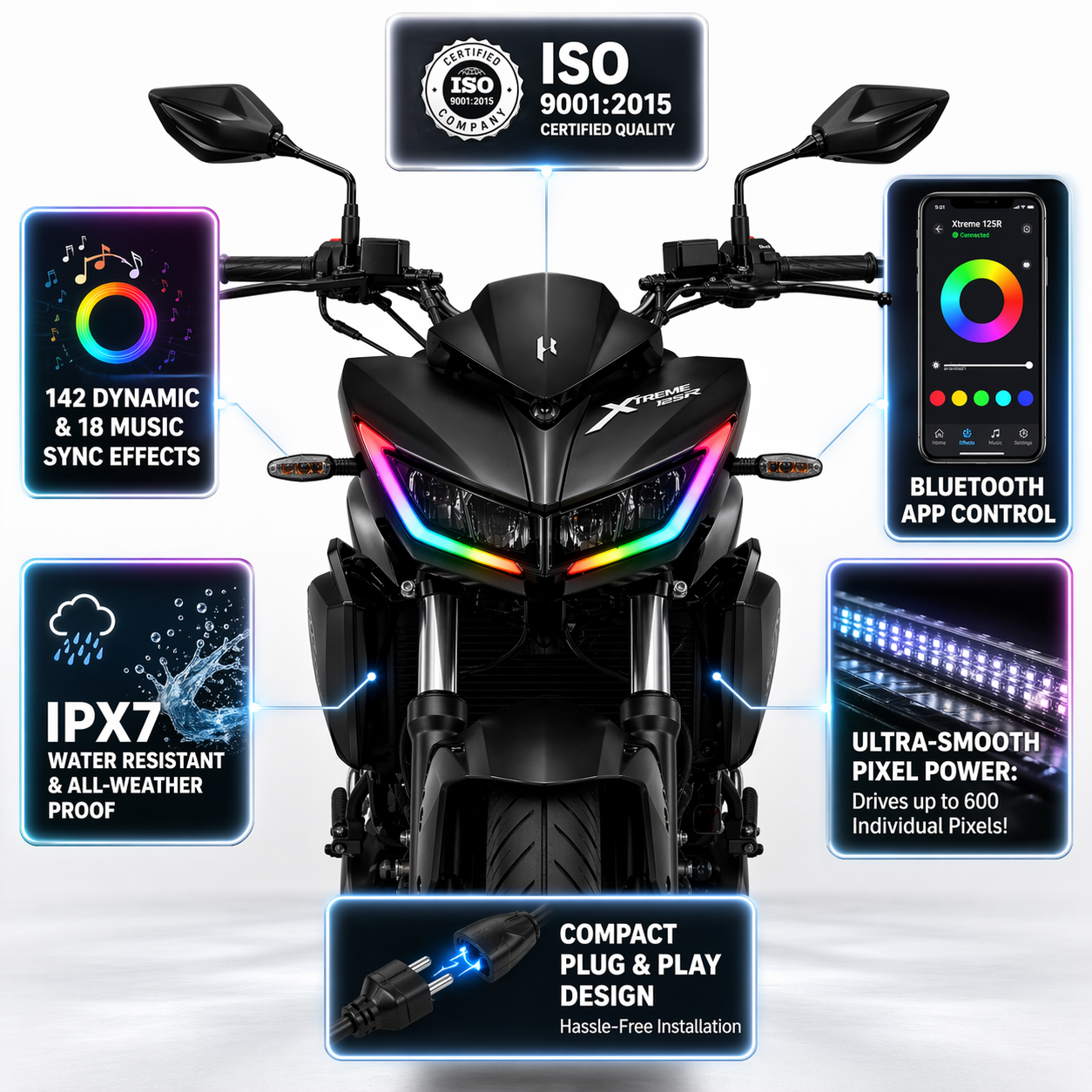 Customz Paradise® Hero Xtreme 125R Smart RGB Mobile App Control DRL - 142+ Modes - Plug & Play - [Classic Edition]