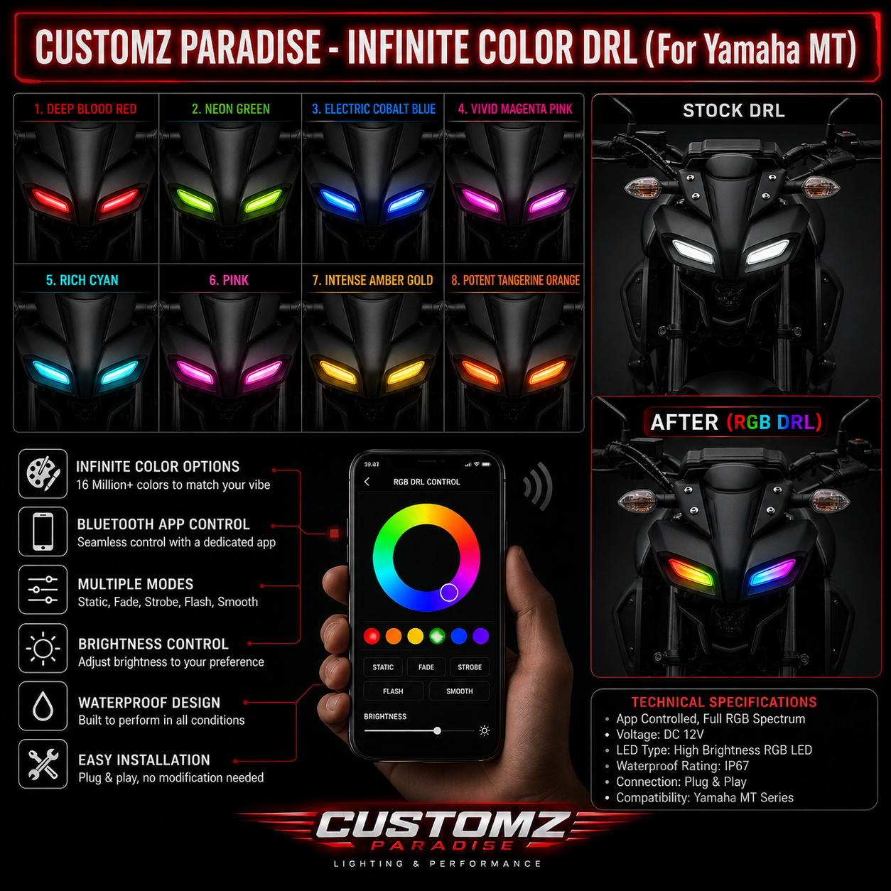 Customz Paradise® Yamaha MT-15 Smart RGB Mobile App Control DRL - 142+ Modes - Plug & Play