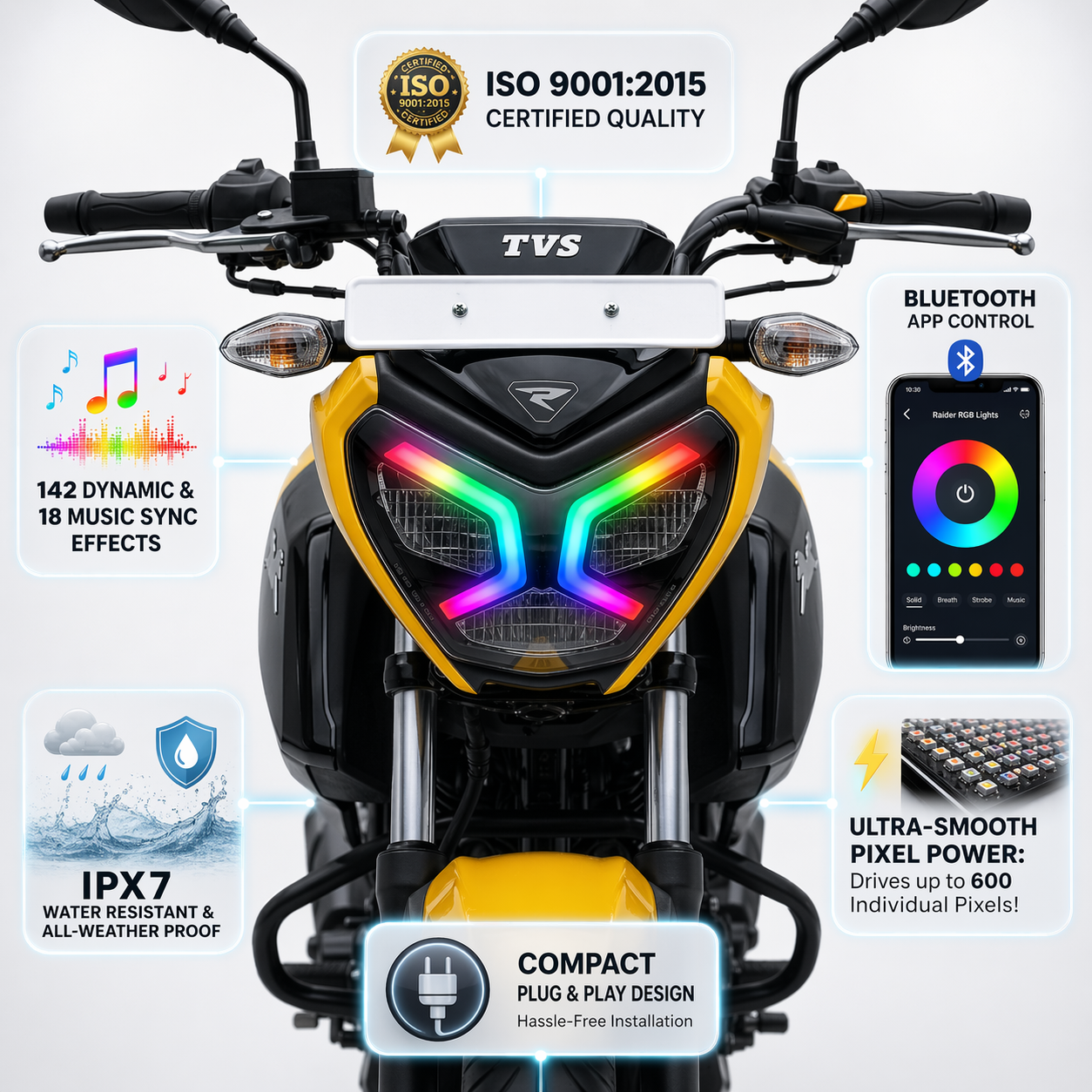 Customz Paradise® TVS Raider 125 Smart RGB Mobile App Control DRL - 142+ Modes - Plug & Play