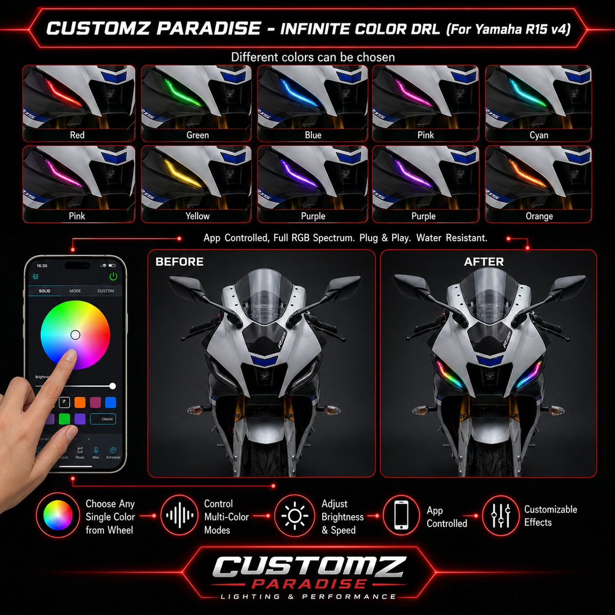 Customz Paradise® Yamaha R15 V4 Smart RGB Mobile App Control DRL - 142+ Modes - Plug & Play