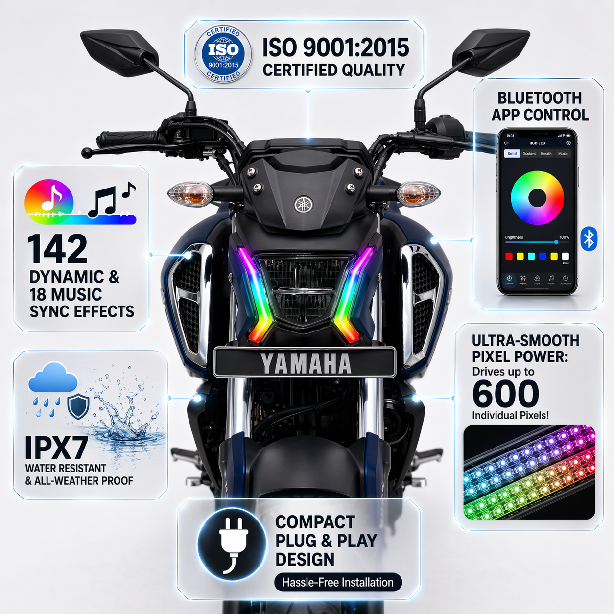Customz Paradise® Yamaha FZ-S Smart RGB Mobile App Control DRL - 142+ Modes - Plug & Play