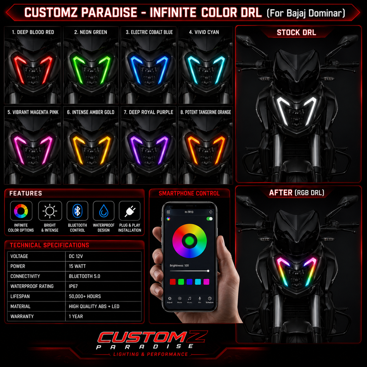 Customz Paradise® Bajaj Dominar 400/250 Smart RGB Mobile App Control DRL - 142+ Modes - Plug & Play