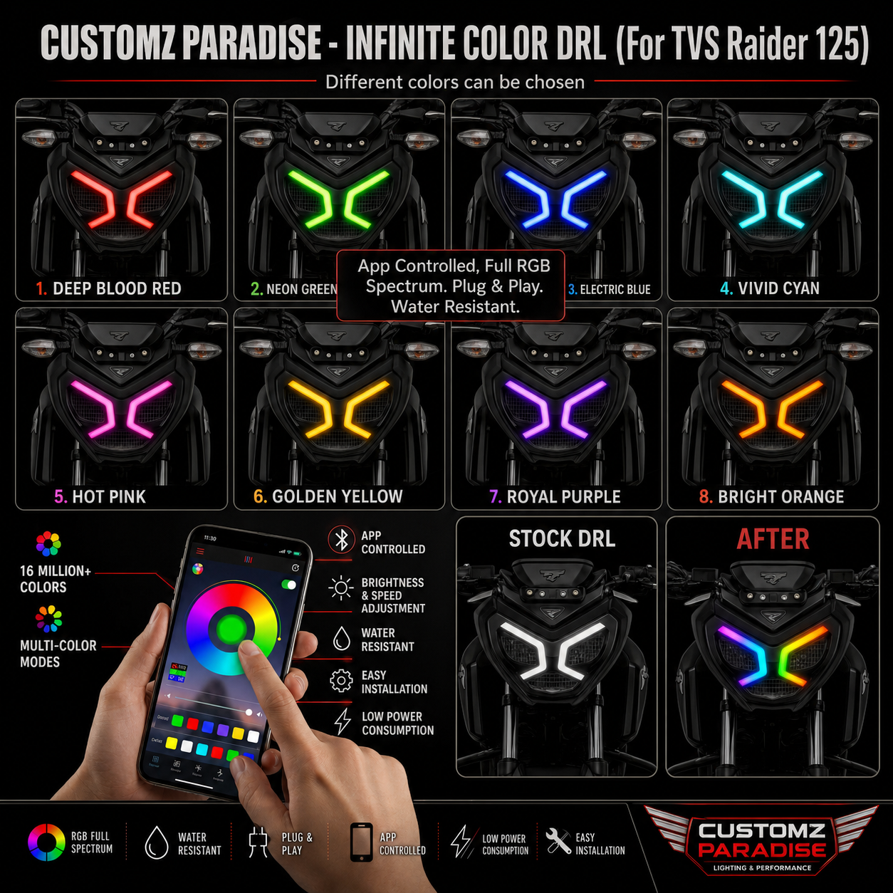 Customz Paradise® TVS Raider 125 Smart RGB Mobile App Control DRL - 142+ Modes - Plug & Play