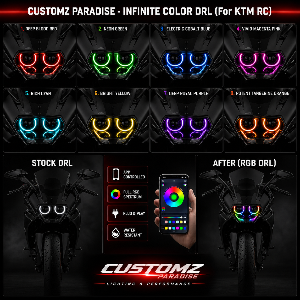 Customz Paradise® KTM RC 390/200/125 Gen 1 Smart RGB Mobile App Control DRL - 142+ Modes - Plug & Play