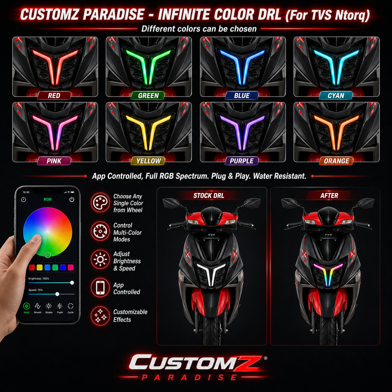 Customz Paradise® TVS Ntorq 125 Smart RGB Mobile App Control DRL - 142+ Modes - Plug & Play