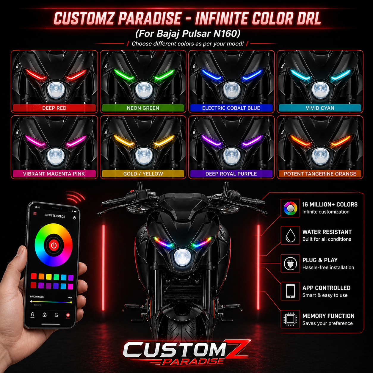 Customz Paradise® Bajaj Pulsar N250/N160/N150 Smart RGB Mobile App Control DRL - 142+ Modes - Plug & Play - [Classic Edition]
