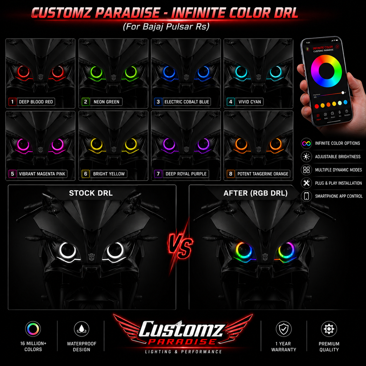 Customz Paradise® Bajaj Pulsar RS200 Smart RGB Mobile App Control DRL - 142+ Modes - Plug & Play
